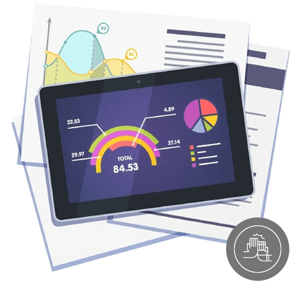 Tablet exibindo um painel de dados com gráficos e indicadores numéricos, apoiado sobre papéis contendo relatórios e gráficos analíticos.